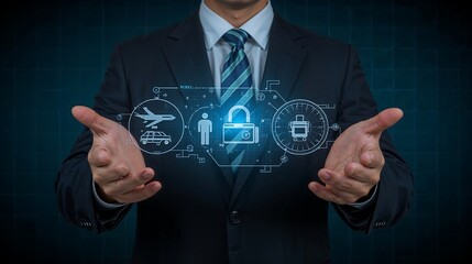 Man in Dark Suit Presenting Digital Travel Security Concept Airplane Car Person Lock Luggage