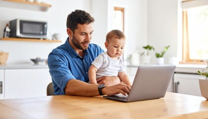 Fototapeta premium Father and baby engaged in remote work using laptop together at home creating a heartwarming scene of bonding