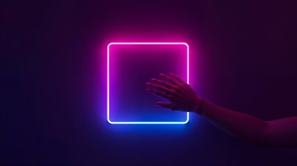 Pink Blue Neon Square Glow Hand Reaches Minimalist Digital Art purple