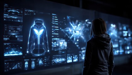 A person gazes at a large futuristic display showing a clothing design