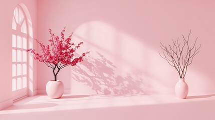 Pink Room Minimalist Scene Blooming Cherry Tree Branches Pastel Vase Sunlight Shadows image