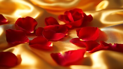 Naklejka premium Scattered red rose petals on an elegant golden satin cloth softly glowing under warm lighting
