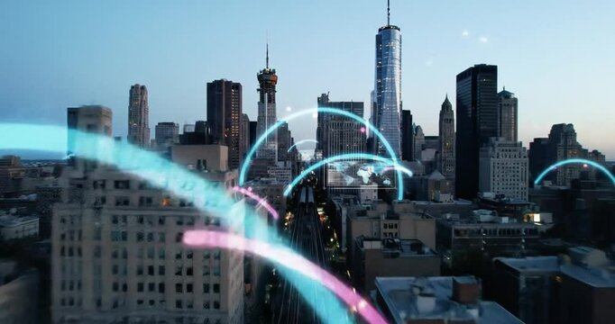 New York City skyline with futuristic data visualization overlay showing digital connectivity and progress - Powered by Adobe