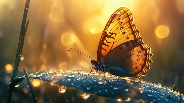 Brilliantly iridescent Morpho butterfly resting on a dew covered leaf soft golden morning light macro nature photography