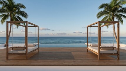 Tropical Ocean View Two Beige Daybeds Wooden Frame Hanging Swings Infinity Pool Calm Sunset