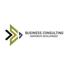 Abstract logo featuring dynamic arrow shapes in green, black, and blue, representing business consulting and corporate development.