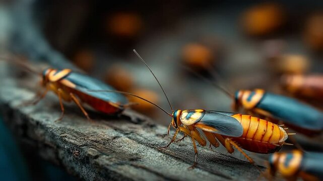 Cockroaches scuttling on an indoor trash can