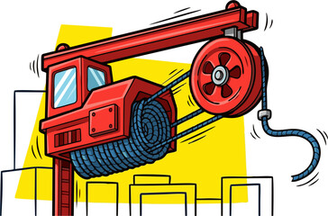 Cartoon Red Crane Lifting Coiled Rope Against Yellow Cityscape