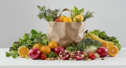 Abundant Fruits And Vegetables Overflowing From A Grocery Paper Bag On White Surface Showcasing Healthy Eating And Nutritional Wealth With Oranges Tomatoes Apples Leafy Greens Bananas And