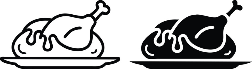 Minimalist Line Art Roasted Chicken Illustration on Platter Icon