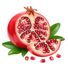Fresh Ripe Pomegranate Halves Displayed on Green Leaves with Bright Red Seeds