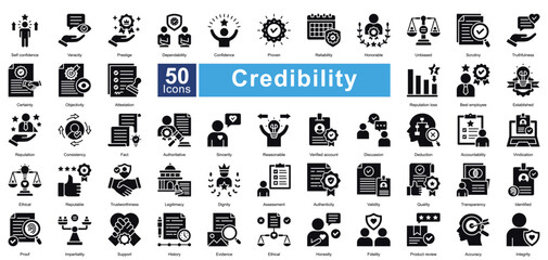 Credibility icon set contains 50 icons including, evidence, honestly, fidelity, accuracy, integrity, self confidence, veracity, prestige, dependability, confidence, proven, simple vector glyph style
