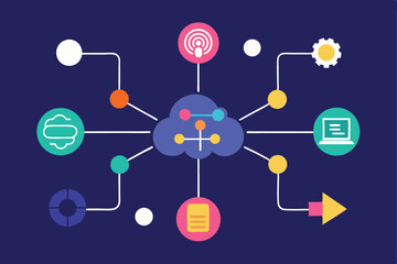 Stylized vector illustration depicting customer interactions and network connectivity