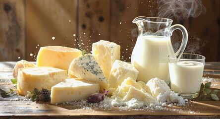 Assorted Dairy Products Display with Rustic Charm Featuring Various Cheeses and Milk on a Textured Wooden Tabletop Under Natural Light Perfect for Decoration and Food Related Themes