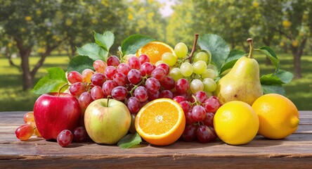 Assorted Fresh Fruits Display featuring Apples Grapes Oranges Lemons and Pears on Rustic Wooden Table with a Blurred Orchard Background in Sunlight Symbolizing Healthy Eating and Nutrition Richness
