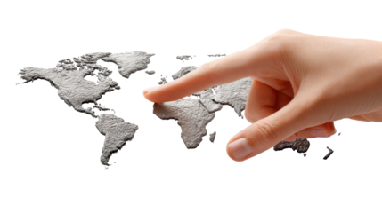Hand Pointing At A World Map With Texture On Transparent Background