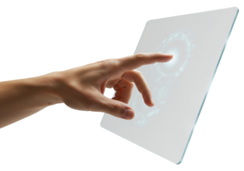 Hand Reaching Toward Projected Holographic Interface With Blue Light Elements