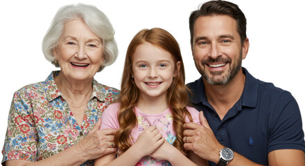 Happy Family Portrait With Smiling Grandmother, Father, And Young Girl On Transparent Background