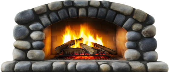 Cozy fireplace with natural stone surround and crackling fire for warmth