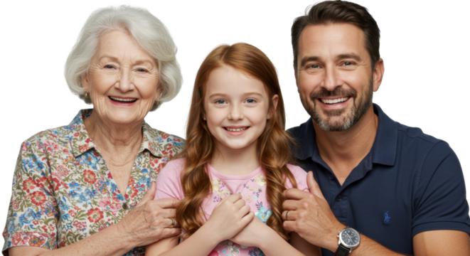 Happy Family Portrait With Smiling Grandmother, Father, And Young Girl On Transparent Background
