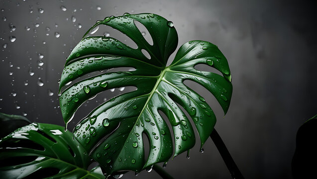 Close-up of a vibrant green monstera leaf with glistening raindrops against a dark, moody background