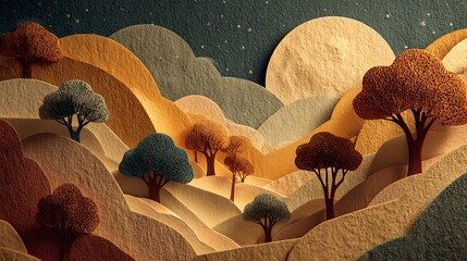 A cinematic shot with strong, focused light highlighting the intricate details and distinct layers of the paper-cut mountains and waves Paper Cutout Landscape Stylized Nature Art