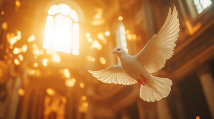 Pentecost theme with a Bible, dove representing the Holy Spirit, flames, and crosses in the background, vibrant red and orange. Ai Generated Images