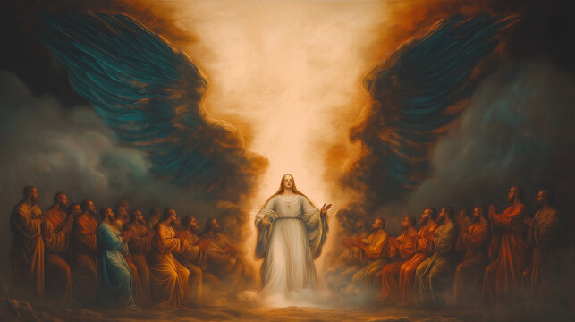 Pentecost scene with Jesus and the disciples, flames above their heads symbolizing the Holy Spirit. Ai Generated Images