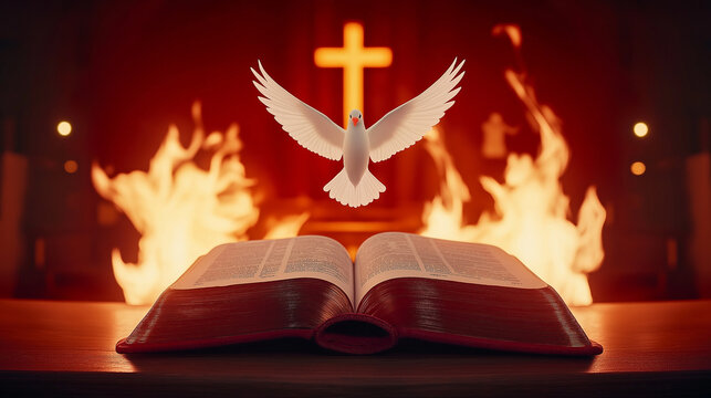 Pentecost theme with a Bible, dove representing the Holy Spirit, flames, and crosses in the background, vibrant red and orange. Ai Generated Images