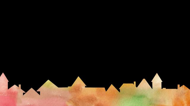 家々のシルエットの色が移り変わる幻想的な街の風景。秋色の水彩画を使用した絵本のような&alpha;付きループアニメーション。