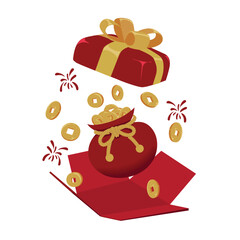 Red gift box bursting open with gold coin pouch and festive sparkles, symbolizing Chinese New Year fortune, wealth, and tradition. Perfect for seasonal or cultural celebration designs.