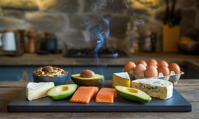 Culinary Delight Featuring Salmon Avocado Cheese and Eggs on Dark Wooden Kitchen Table Depicting Diet and Healthy Lifestyle with Rich Variety of Nutritious Foods and Stone Countertop in Background
