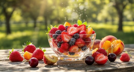 Crystal Bowl of Mixed Summer Fruits on Rustic Wooden Table in Golden Sunlight with Strawberry Raspberry Blueberry Cherry Peach and Kiwi Perfect for Decoration Displaying Healthy Eating and Natural