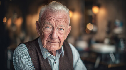 Elderly gentleman in a barber chair, warm light on his face. A moment of quiet reflection in daily life.