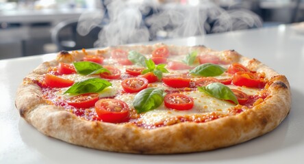 Delectable Pizza with Fresh Tomato and Basil Against a Bright Blurred Background Ready to Savor the Delicious Blend of Flavors Showcasing Italian Culinary Excellence in Health and Lifestyle Visuals