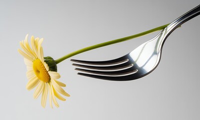 Delicate Daisy Intersected by Silver Fork on Gradient Gray Backdrop Highlighting Clean Eating and Wellness Concept with Yellow and White Petals and Elegant Cutlery Composition for Decoration