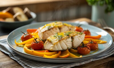 Delicate Pan Seared White Fish with Vibrant Bell Peppers and Cherry Tomatoes on Blue Plate Displaying Culinary Elegance a Gourmet Meal Featuring a Wooden Table Backdrop Creating Warm and Fresh