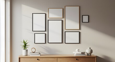 Modern Wall Art Mockup with Empty Frames Above Wooden Console Table - Interior Design Template