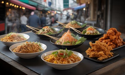 Delicious Array of Asian Cuisine Featuring Stir-Fried Noodles and Crispy Fried Chicken on Dark Stone Surface with Background Blur Showing a Bustling Street Perfect for Culinary Art and Gourmet Food