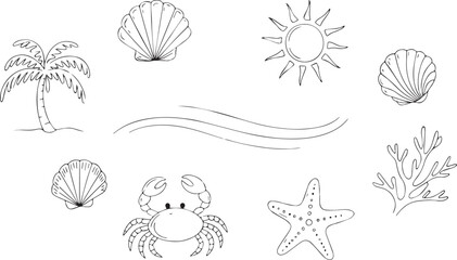 Silhouette of Beach and Sea Doodle Set with Shells, Crab, Starfish and Palm vector