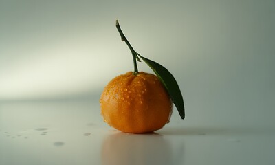 Detailed Still Life of Mandarin Orange with Water Droplets and Lush Green Leaves on White Surface Emphasizing Freshness and Natural Texture Presenting Vivid Colors in Studio Lighting