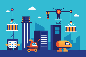 Naklejka premium Abstract construction site illustration with cranes buildings and transport vehicles