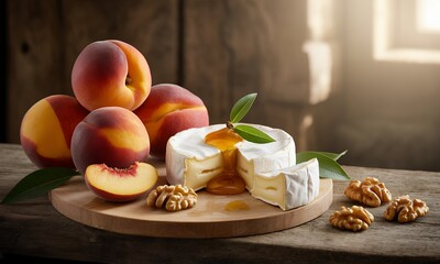 Elegant Still Life Featuring Fresh Peaches with Creamy Cheese and Walnuts on Wooden Board with Soft Natural Lighting Highlighting the Texture and Rich Color Tones Perfect for Healthy Gourmet Food