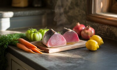 Elegant Still Life Featuring Fresh Tuna Steaks with Colorful Vegetables on Granite Countertop Comprising Tomatoes Carrots Lemons and Pomegranates Representing Healthy Gourmet Lifestyle Ingredients