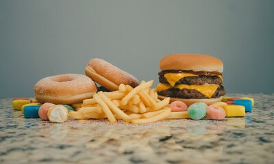 Enticing Still Life of Unhealthy Food Delights Featuring Golden Fries, Double Cheeseburger, Glazed Donuts and Colorful Sugar Candies on a Speckled Marble Surface with Pale Blue Background in a Studio