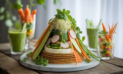 Exquisite Display of Vegetable Crudit?s with Refreshing Green Smoothie Delight a Healthy Lifestyle Food Arrangement Featuring Vibrant Colors and Fresh Ingredients Perfect for Decoration and Promoting