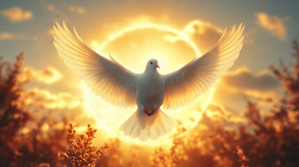 Divine imagery of a glowing dove in the sky surrounded by radiant light, ethereal and heavenly atmosphere. Ai Generated Images