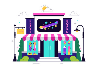 Skateboard Shop Vector Illustration Featuring a Shop That Sells Skateboards Equipment Such as Boards, Wheels, and Other Accessories Background