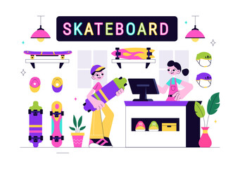 Naklejka premium Skateboard Shop Vector Illustration Featuring a Shop That Sells Skateboards Equipment Such as Boards, Wheels, and Other Accessories Background