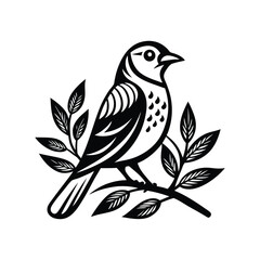 bird sitting on leaf branch, Bird on Leaf Branch, Minimal Black Line Vector Icon